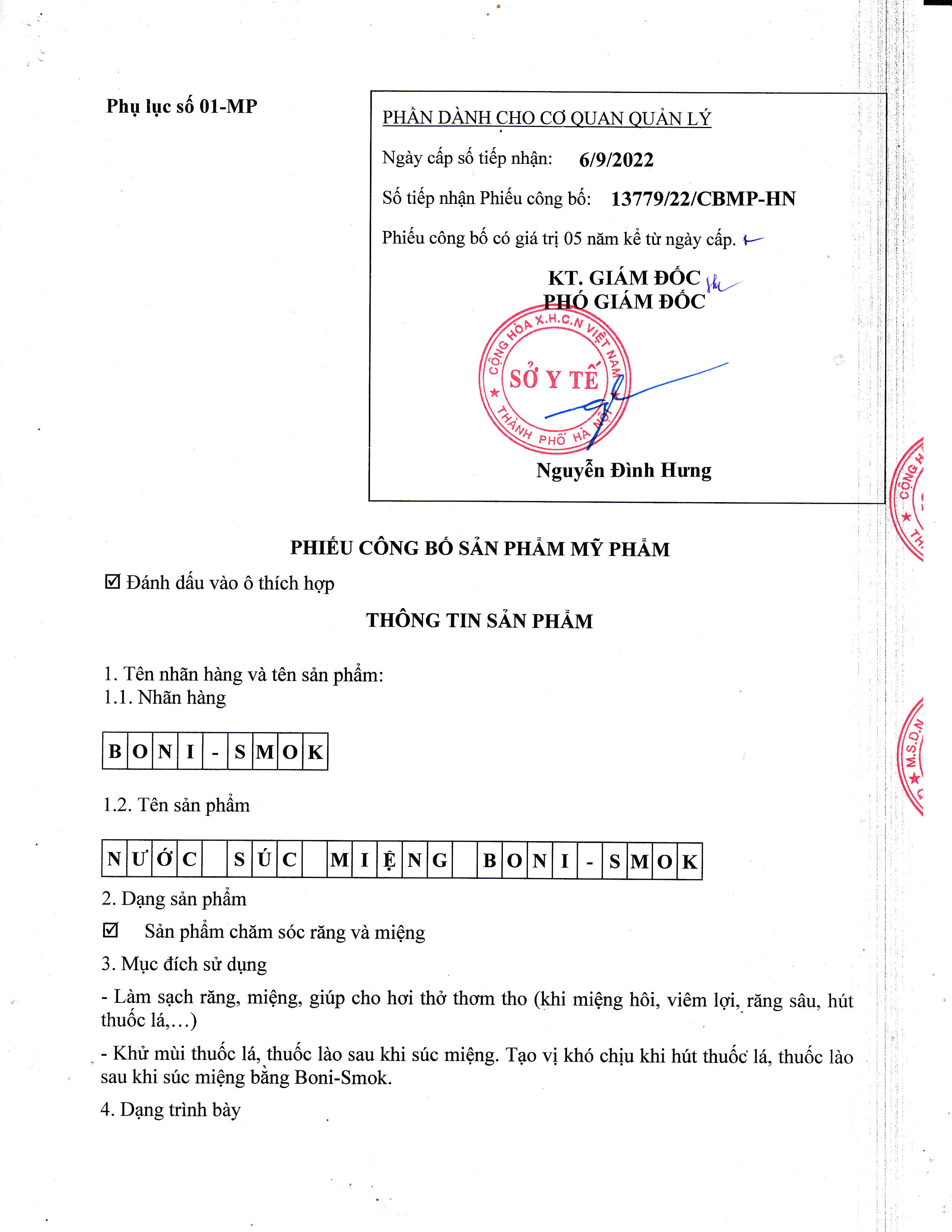 GIẤY PHÉP BONIBRAIN CỦA BỘ Y TẾ