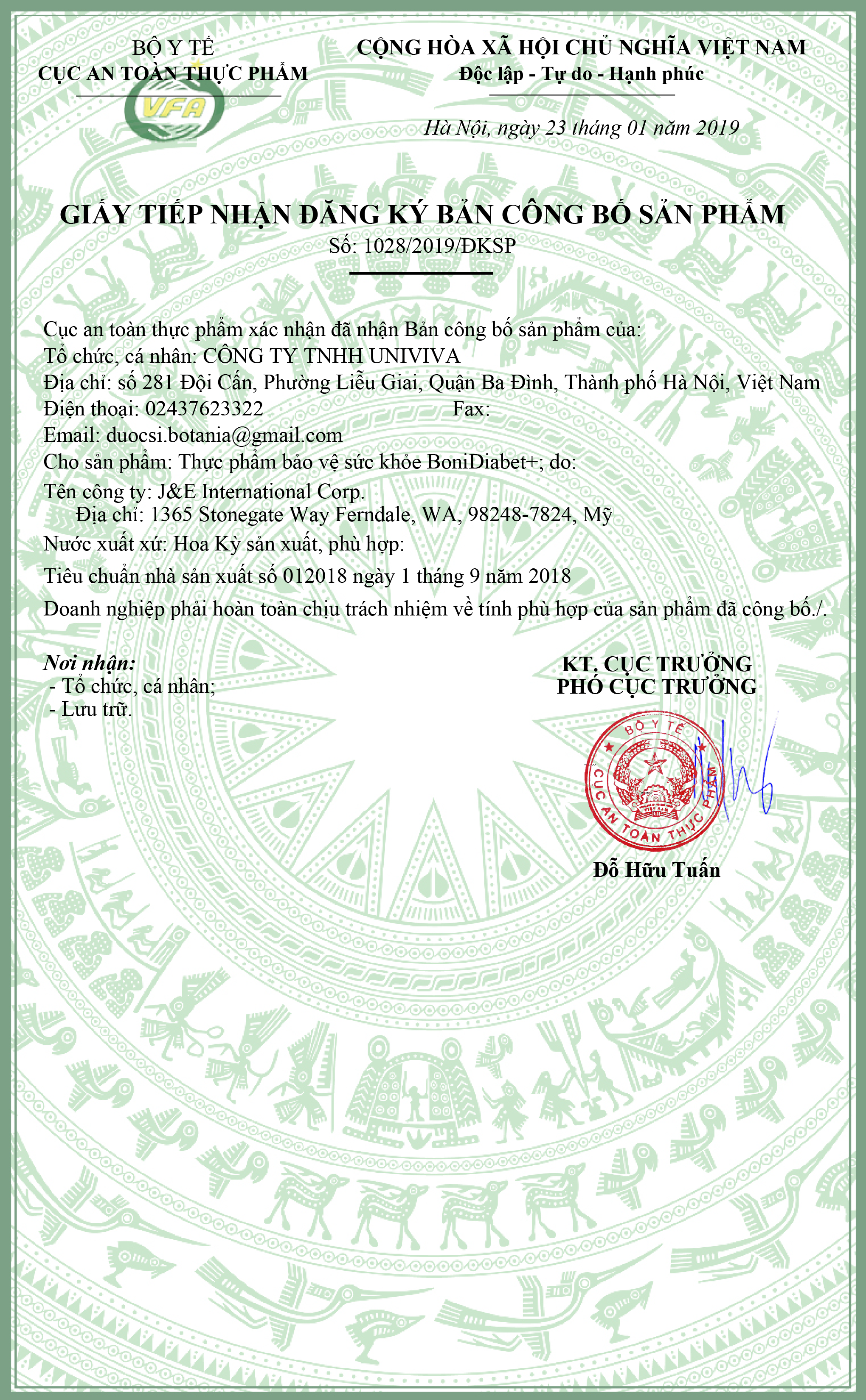GIẤY PHÉP BONIDIABET+ CỦA BỘ Y TẾ