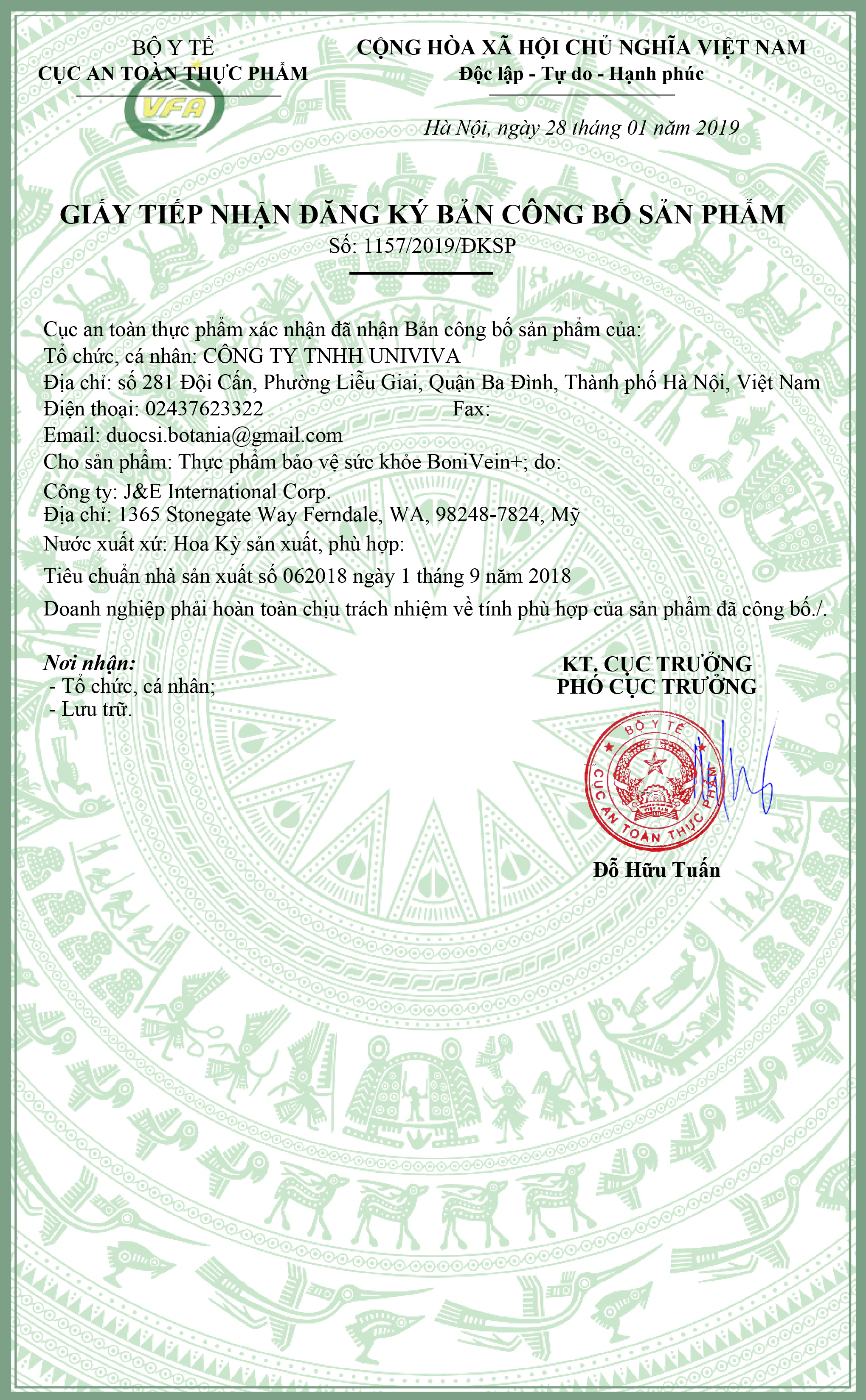 GIẤY PHÉP BONIVEIN CỦA BỘ Y TẾ