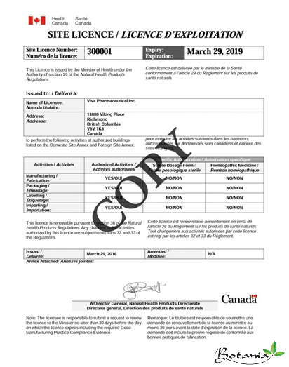 Chứng nhận Viva đạt tiêu chuẩn GMP của bộ y tế Canada