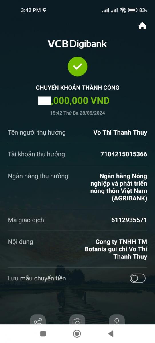 Công ty Botania chuyển khoản ủng hộ gia đình chị Thúy